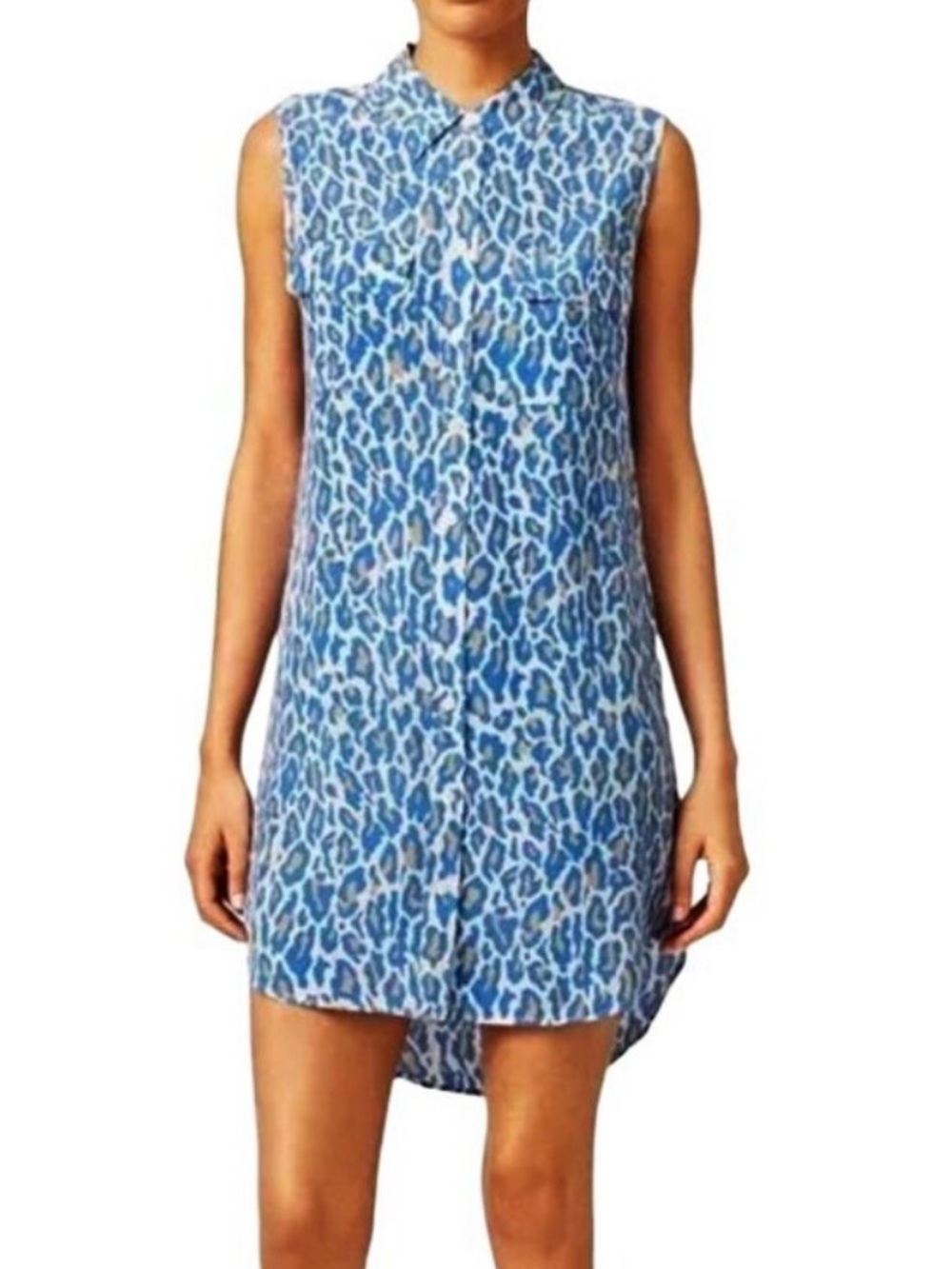 EQUIPMENT FEMME 100% Silk Blue Leopard Print Sleeveless Mini Shirt Dress S